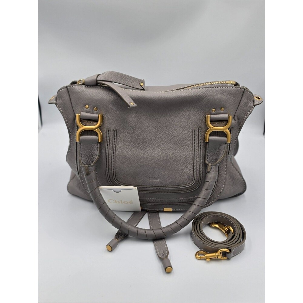 Chloe Marcie Medium Satchel Crossbody Bag Motty Grey Pebbled Leather Authentic - Picture 2 of 5